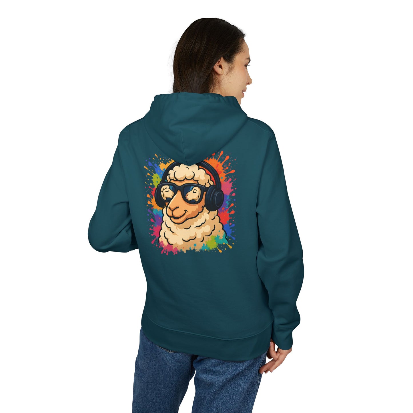 Schaf Hoodie (Rückenprint) – Lustiger Unisex Kapuzenpullover mit Kopfhörer-Schaf & buntem Farbspritzer-Design