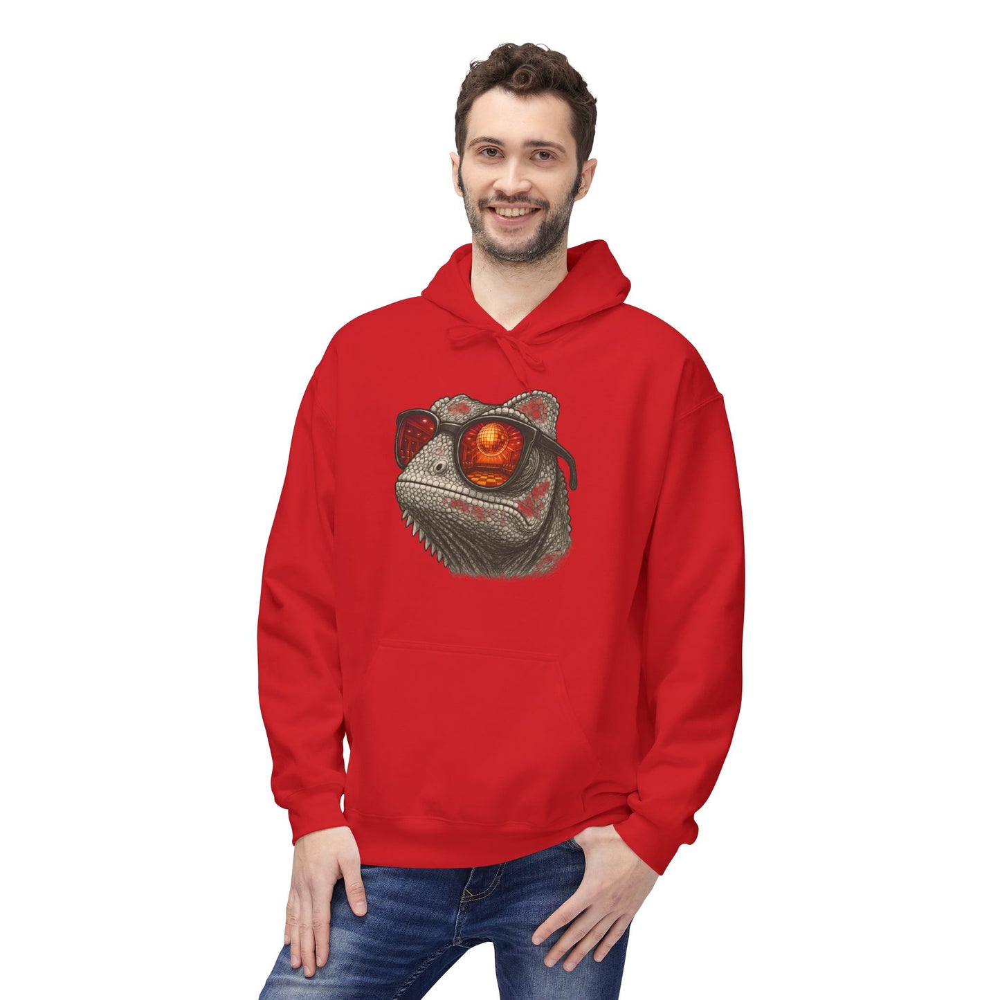 Chamäleon Hoodie Unisex (Brustprint) – Retro Tiermotiv mit Sonnenbrille & Disco-Design – Lustiger Kapuzenpullover für Festival, Streetwear & Geschenkideen