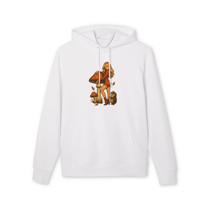 Vintage Pilz Fee & Igel Hoodie (Brustprint) – Retro Waldmotiv Kapuzenpullover für Natur- & Pilzliebhaber