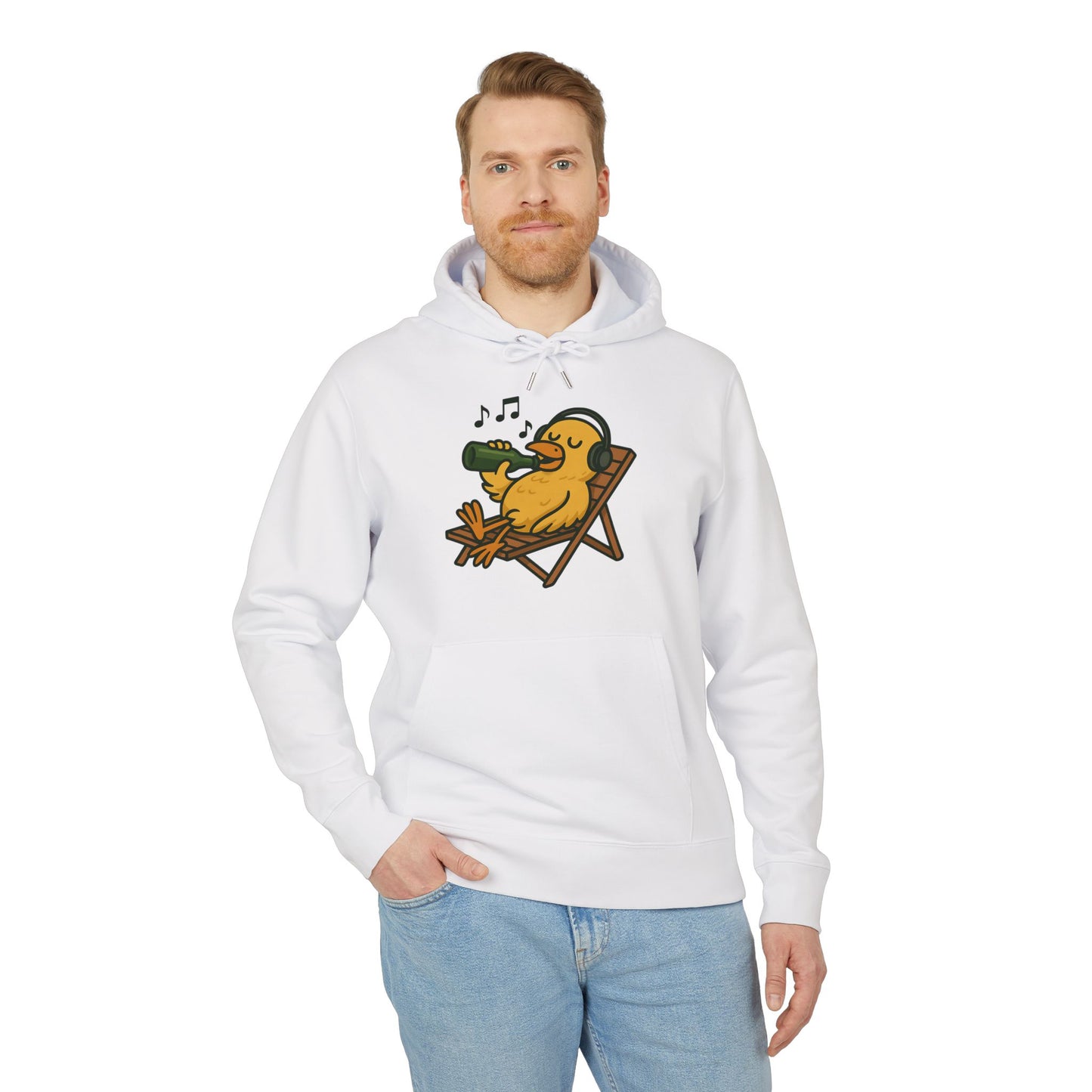 Chillente Hoodie (Brustprint) – Lustiger Unisex Kapuzenpullover mit Ente, Bier & Musik-Motiv | Perfekt für Freizeit, Festivals & Sommer