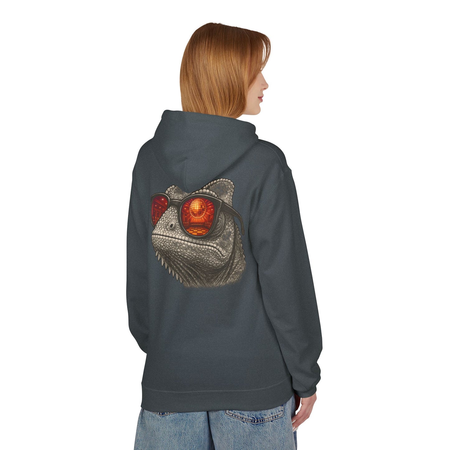 Chamäleon Hoodie Unisex (Rückenprint) – Retro Tiermotiv mit Sonnenbrille & Disco-Design – Lustiger Kapuzenpullover für Festival, Streetwear & Geschenkideen