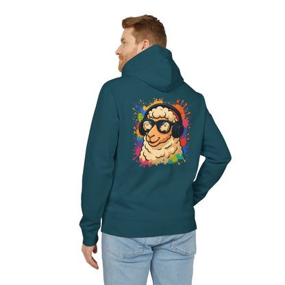 Schaf Hoodie (Rückenprint) – Lustiger Unisex Kapuzenpullover mit Kopfhörer-Schaf & buntem Farbspritzer-Design