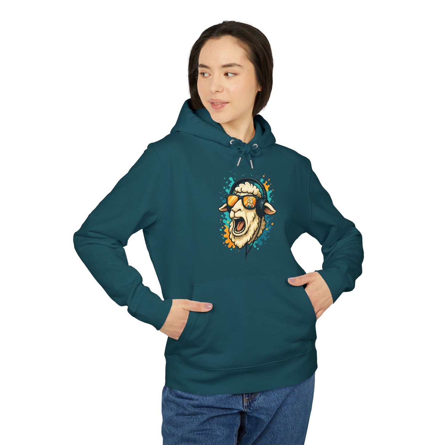 Lustiger Schaf Hoodie (Brustprint) – Unisex Kapuzenpullover mit Kopfhörer & Sonnenbrille – Musik Cartoon Streetwear für Tierfreunde