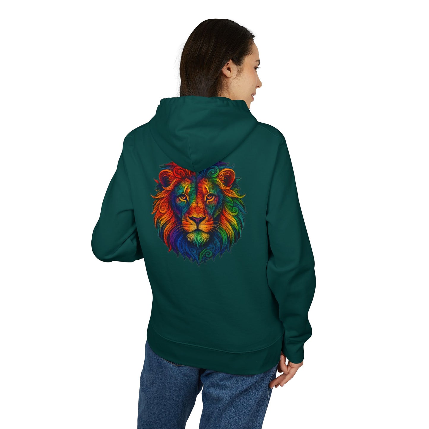 Bunter Löwen Hoodie (Rückenprint) – Psychedelischer Kapuzenpullover mit Tiermotiv – Unisex Streetwear im Boho & Festival Stil