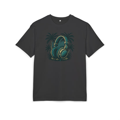Retro T-Shirt mit Kopfhörer & Palmen (Brustprint)– Musik & Beach Vibes im Vintage Look