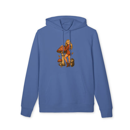 Vintage Pilz Fee & Igel Hoodie (Brustprint) – Retro Waldmotiv Kapuzenpullover für Natur- & Pilzliebhaber