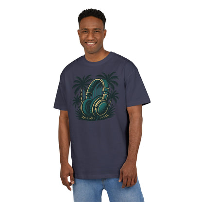 Retro T-Shirt mit Kopfhörer & Palmen (Brustprint)– Musik & Beach Vibes im Vintage Look