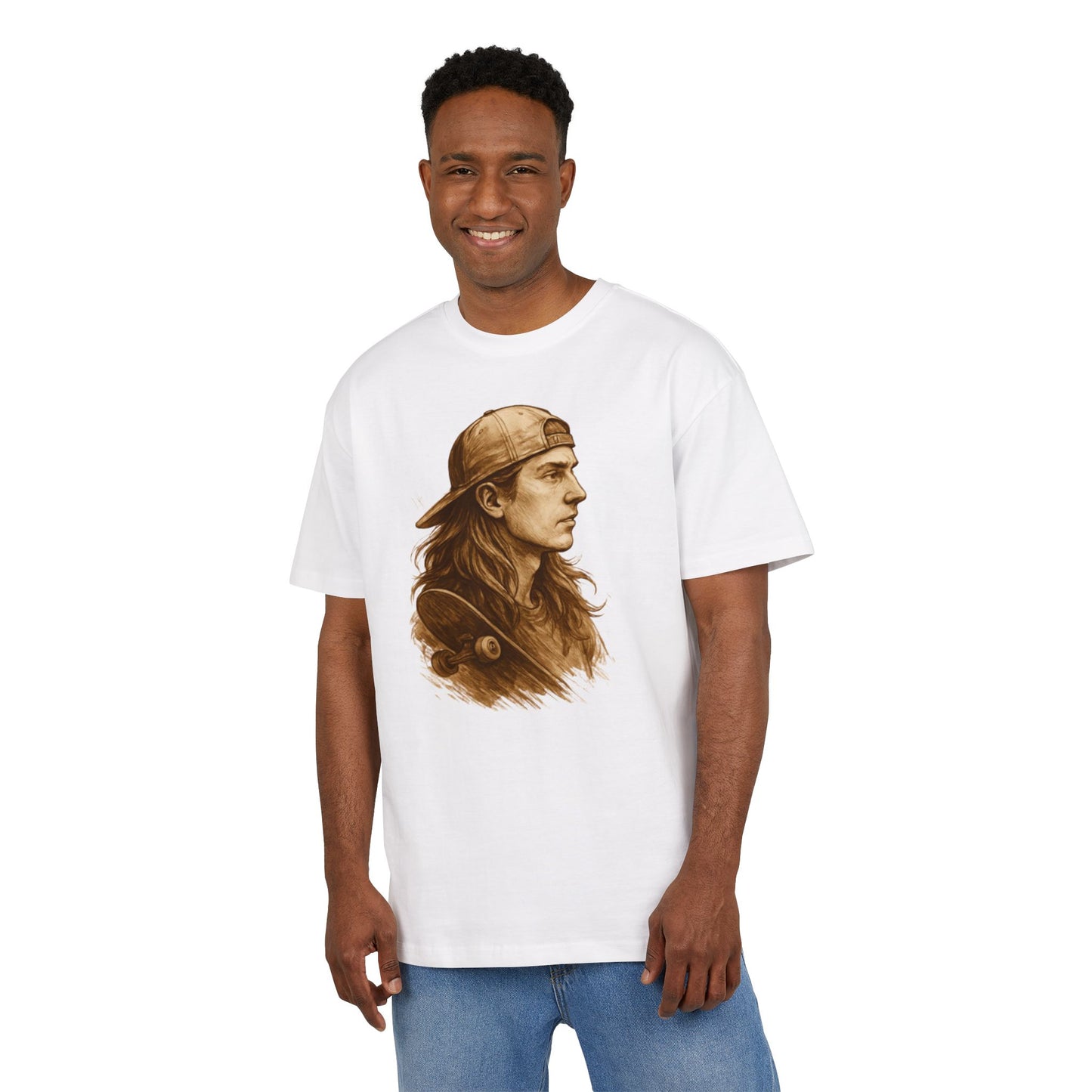 Skater Style T-Shirt (Brustprint) – Retro Kunst-Design mit Langhaar-Skater und Cap – Vintage Skateboard Look