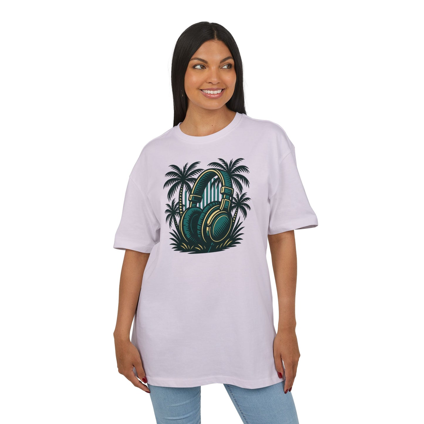 Retro T-Shirt mit Kopfhörer & Palmen (Brustprint)– Musik & Beach Vibes im Vintage Look