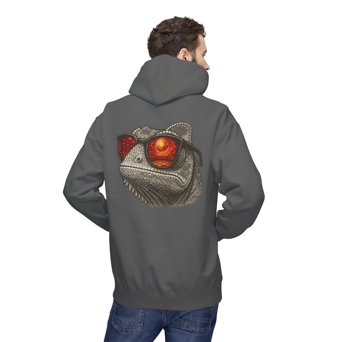 Chamäleon Hoodie Unisex (Rückenprint) – Retro Tiermotiv mit Sonnenbrille & Disco-Design – Lustiger Kapuzenpullover für Festival, Streetwear & Geschenkideen