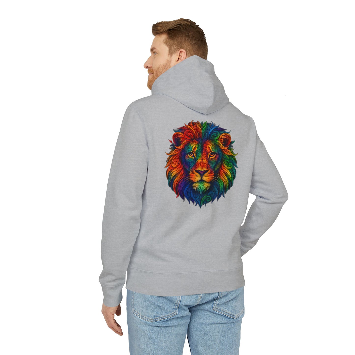 Bunter Löwen Hoodie (Rückenprint) – Psychedelischer Kapuzenpullover mit Tiermotiv – Unisex Streetwear im Boho & Festival Stil