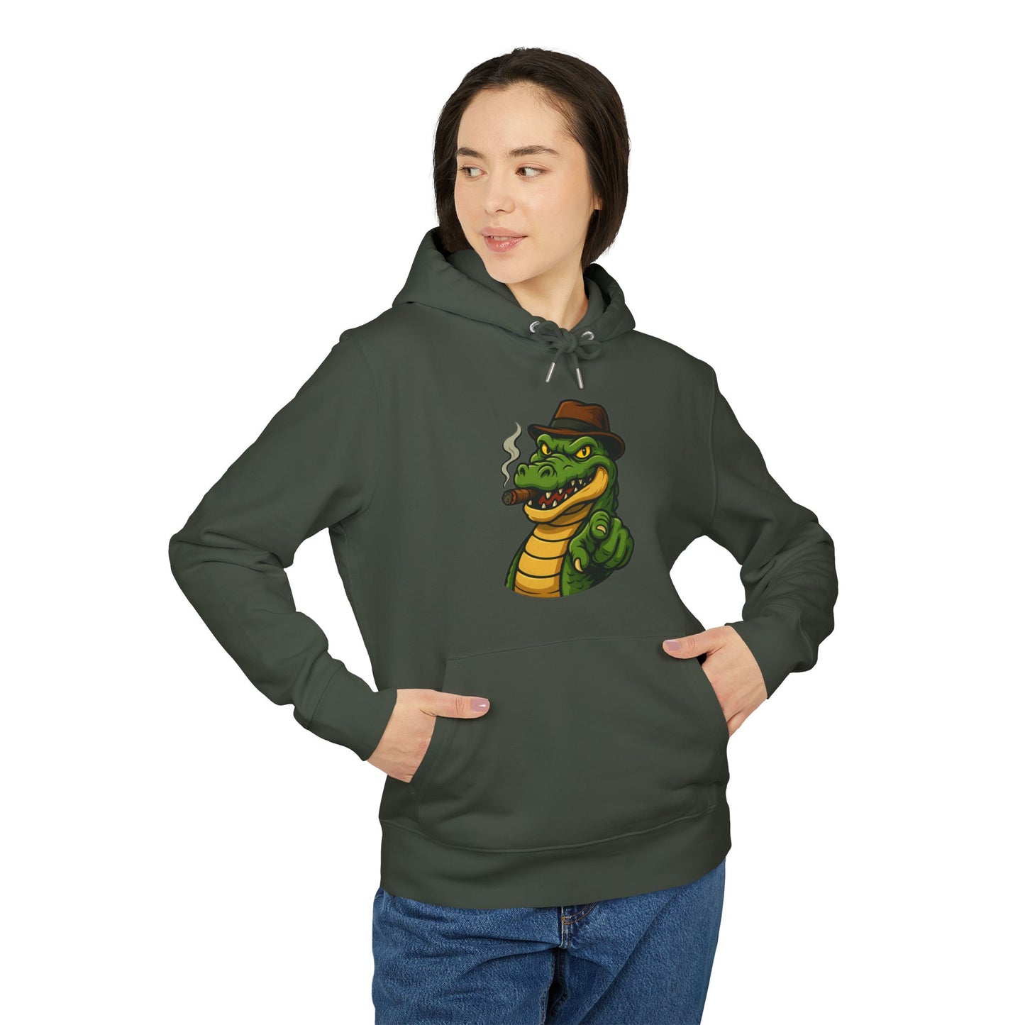 Gangster Alligator Hoodie (Brustprint) – Cooler Unisex Kapuzenpullover mit Krokodil, Zigarre & Hut im Comic Style