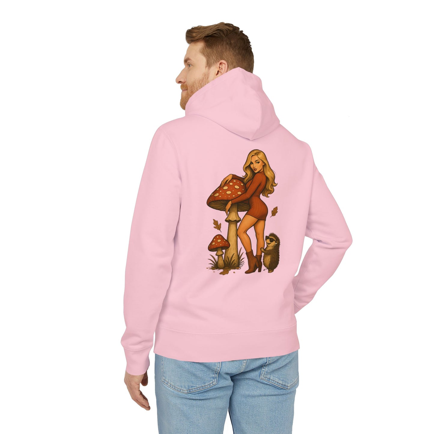 Vintage Pilz Fee & Igel Hoodie (Rückenprint) – Retro Waldmotiv Kapuzenpullover für Natur- & Pilzliebhaber