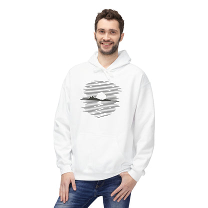 Unisex Hoodie mit Berg-Sonnenuntergang Design (Brustprint) – Minimalistischer Natur Pullover aus Baumwolle