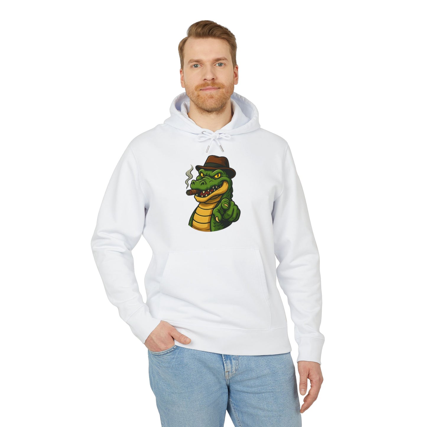 Gangster Alligator Hoodie (Brustprint) – Cooler Unisex Kapuzenpullover mit Krokodil, Zigarre & Hut im Comic Style
