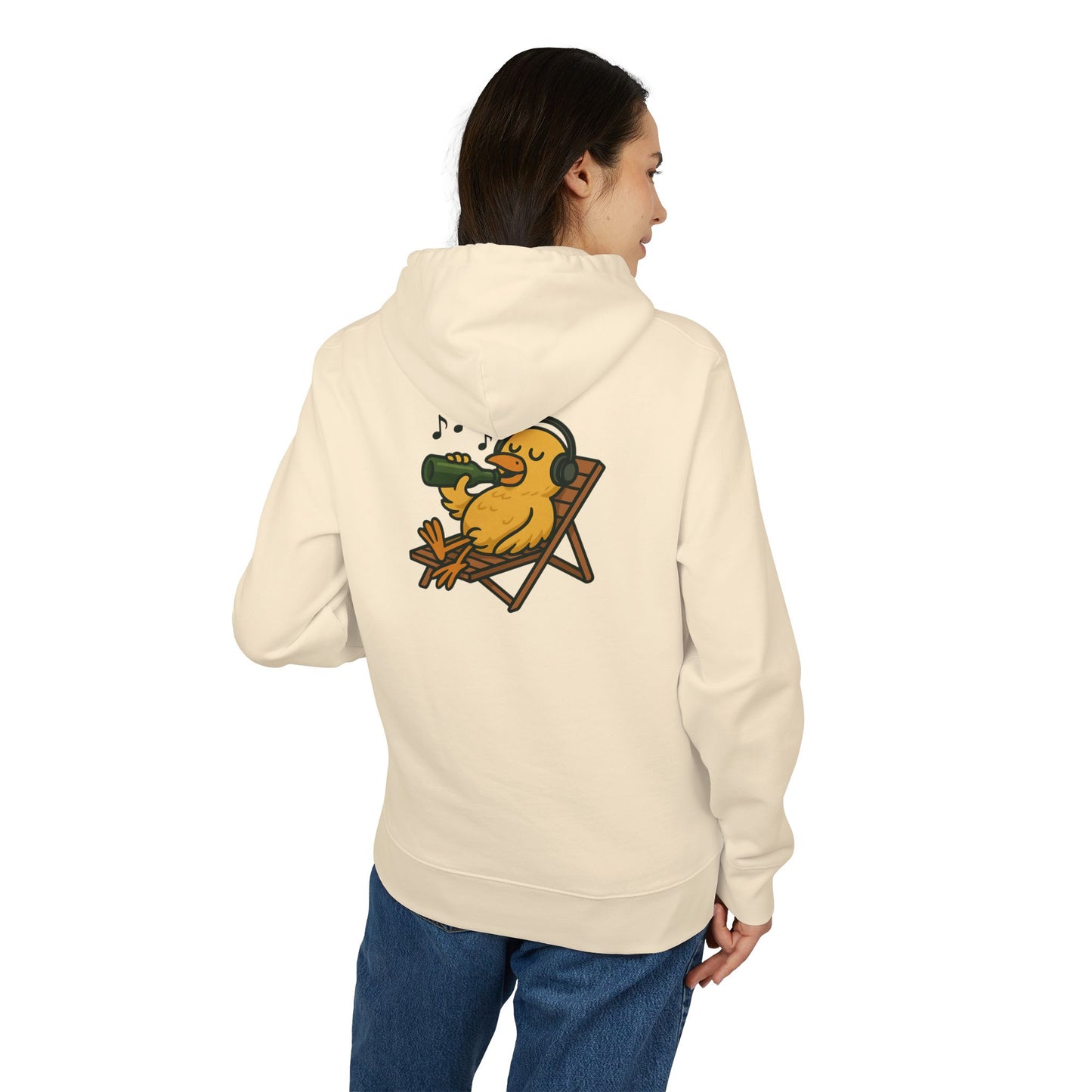 Chillente Hoodie (Rückenprint) – Lustiger Unisex Kapuzenpullover mit Ente, Bier & Musik-Motiv | Perfekt für Freizeit, Festivals & Sommer
