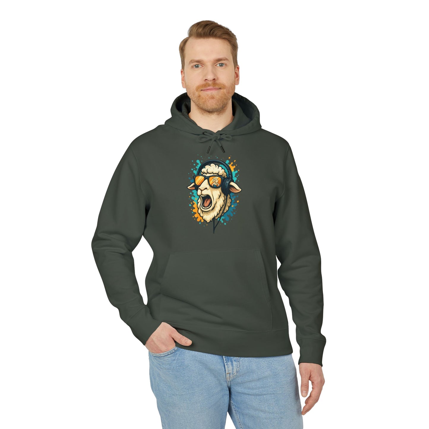 Lustiger Schaf Hoodie (Brustprint) – Unisex Kapuzenpullover mit Kopfhörer & Sonnenbrille – Musik Cartoon Streetwear für Tierfreunde