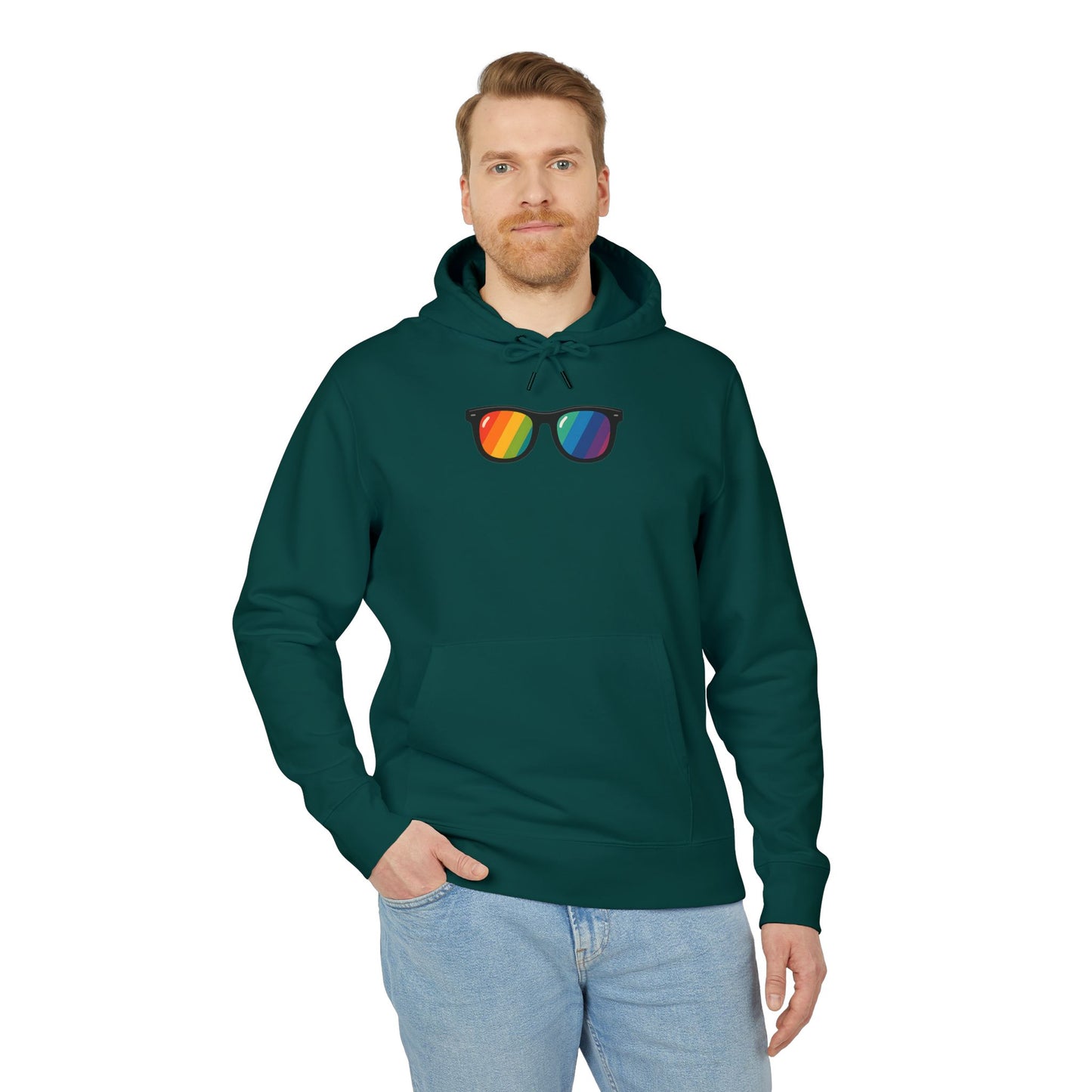 Regenbogen Sonnenbrille Hoodie (Brustprint) – Unisex Kapuzenpullover im bunten Pride Design für Festival & Streetwear