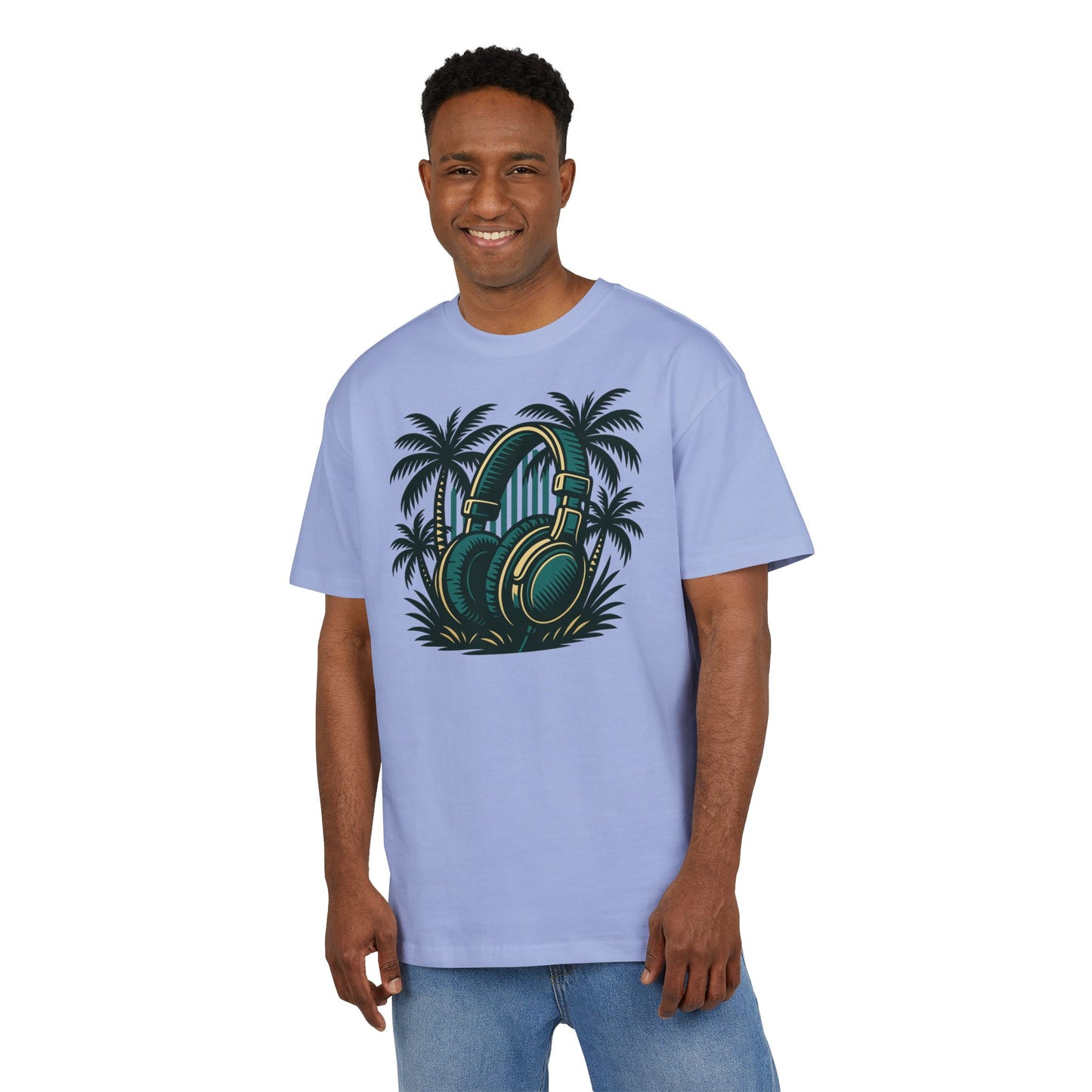 Retro T-Shirt mit Kopfhörer & Palmen (Brustprint)– Musik & Beach Vibes im Vintage Look