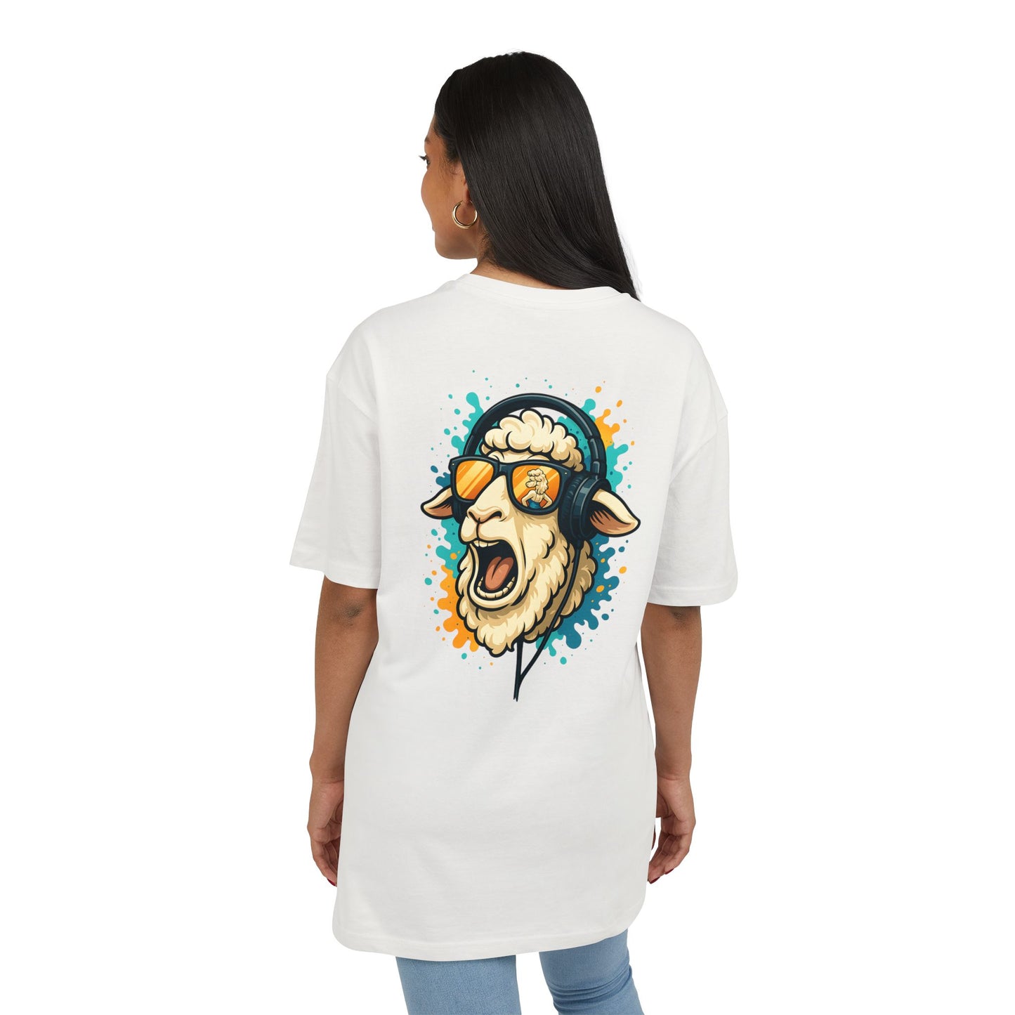 Lustiges Schaf T-Shirt (Rückenprint) – Cooles Cartoon-Motiv mit Kopfhörer & Sonnenbrille – Unisex Shirt für Musikfans & Tierliebhaber