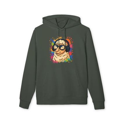 Schaf Hoodie (Brustprint) – Lustiger Unisex Kapuzenpullover mit Kopfhörer-Schaf & buntem Farbspritzer-Design