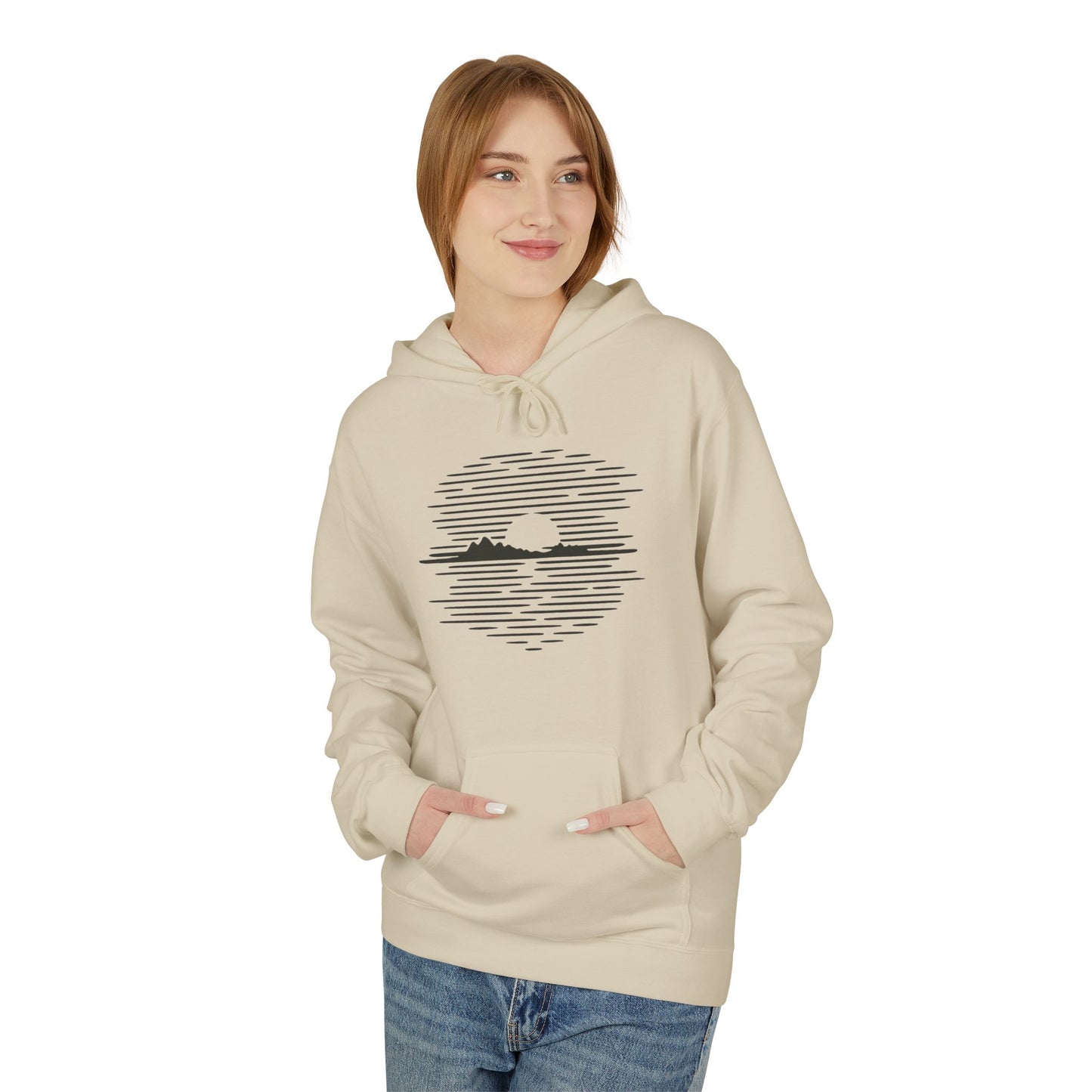 Unisex Hoodie mit Berg-Sonnenuntergang Design (Brustprint) – Minimalistischer Natur Pullover aus Baumwolle