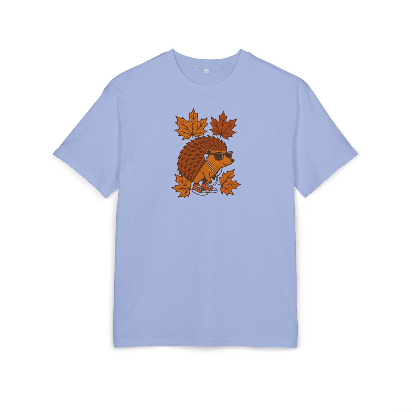 Herbst Igel T-Shirt (Brustprint) – Lustiges Cartoon Design mit Sonnenbrille, Kopfhörern & Ahornblättern