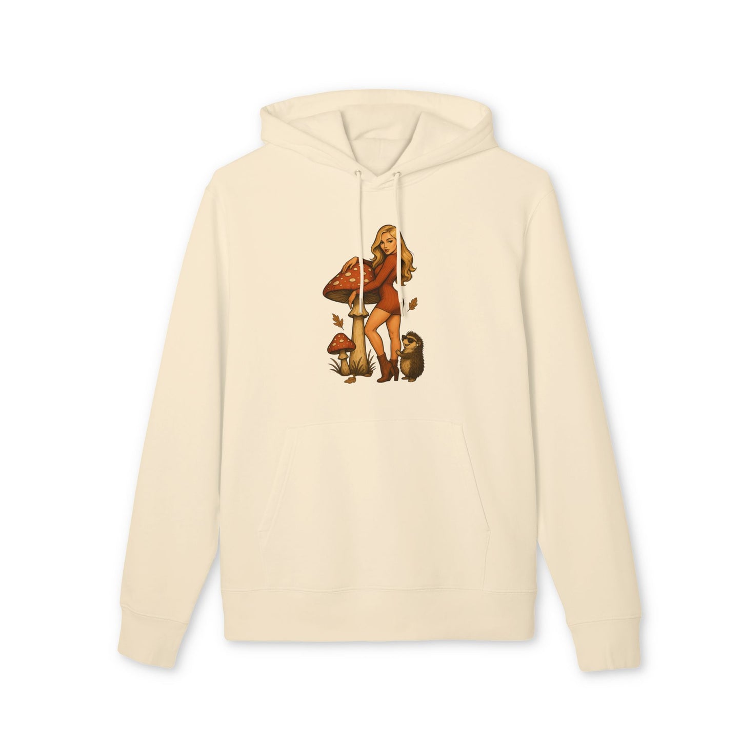 Vintage Pilz Fee & Igel Hoodie (Brustprint) – Retro Waldmotiv Kapuzenpullover für Natur- & Pilzliebhaber