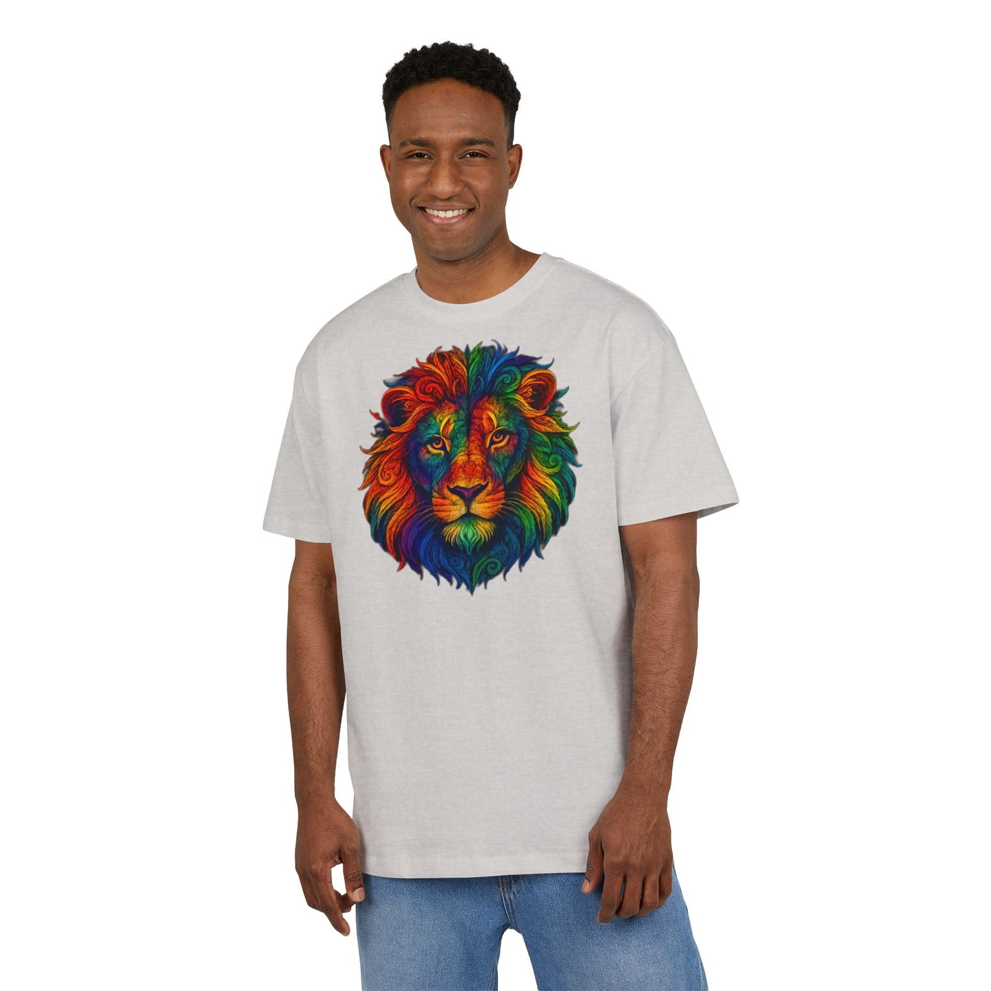 Buntes Löwen T-Shirt (Brustprint) – Psychedelisches Tiermotiv im Boho-Stil – Unisex Oversize Shirt für Kunst-, Natur- & Festival-Fans