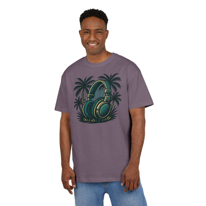 Retro T-Shirt mit Kopfhörer & Palmen (Brustprint)– Musik & Beach Vibes im Vintage Look
