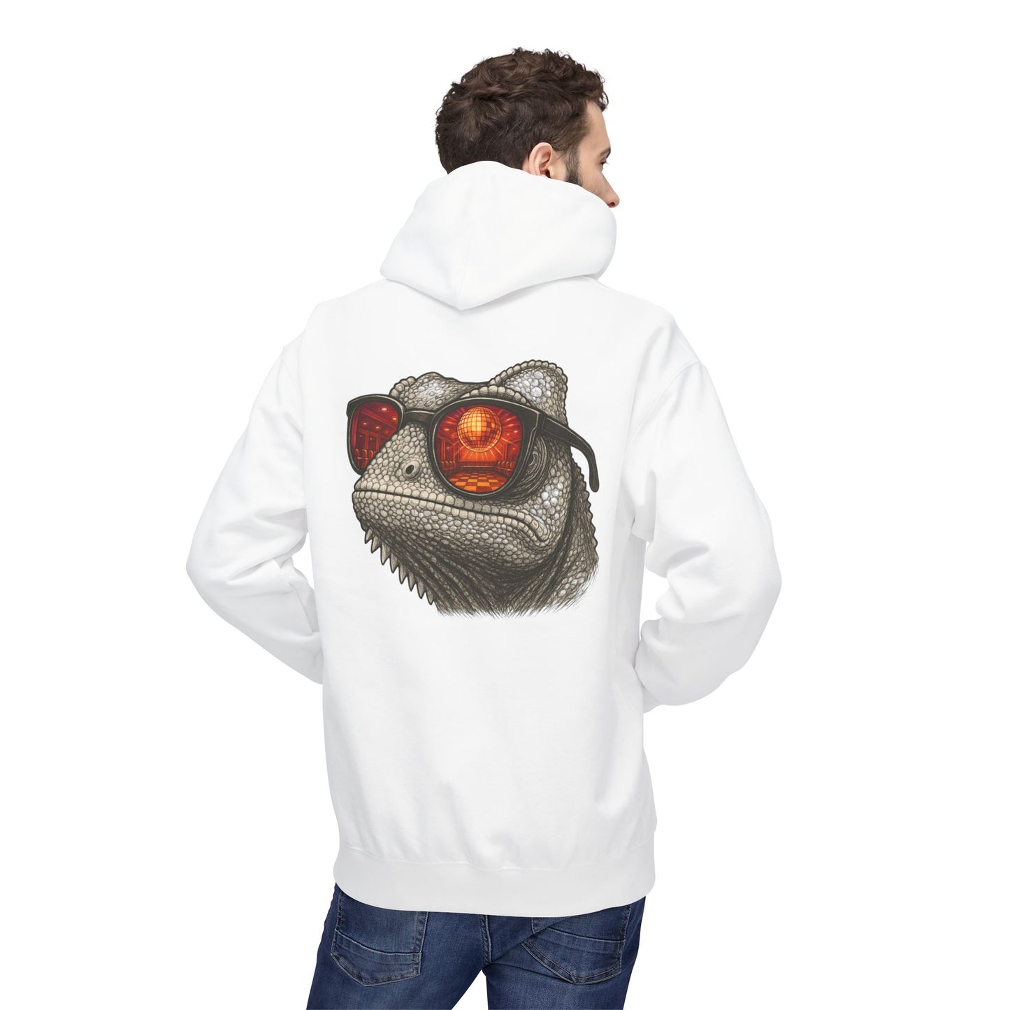 Chamäleon Hoodie Unisex (Rückenprint) – Retro Tiermotiv mit Sonnenbrille & Disco-Design – Lustiger Kapuzenpullover für Festival, Streetwear & Geschenkideen