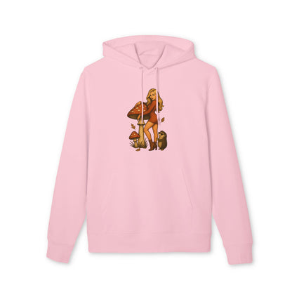 Vintage Pilz Fee & Igel Hoodie (Brustprint) – Retro Waldmotiv Kapuzenpullover für Natur- & Pilzliebhaber