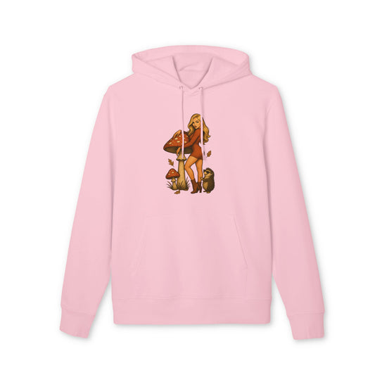 Vintage Pilz Fee & Igel Hoodie (Brustprint) – Retro Waldmotiv Kapuzenpullover für Natur- & Pilzliebhaber