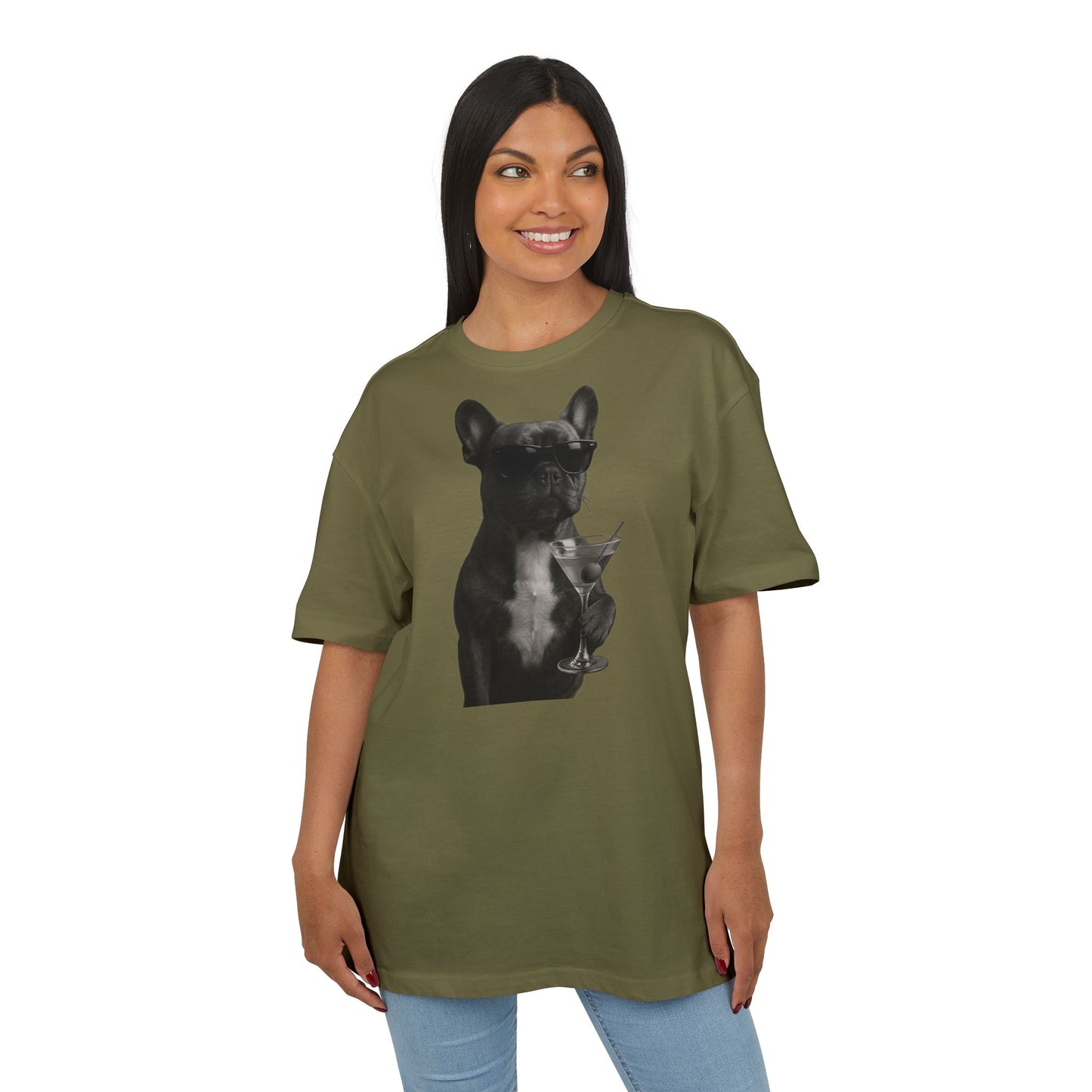 Cooler Hund T-Shirt (Brustprint) – Französische Bulldogge mit Sonnenbrille & Martini – Lustiges Tiermotiv für Unisex Streetwear
