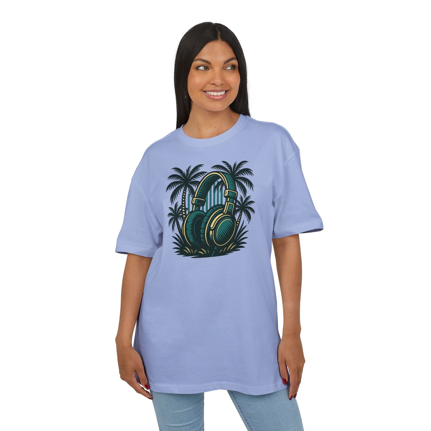 Retro T-Shirt mit Kopfhörer & Palmen (Brustprint)– Musik & Beach Vibes im Vintage Look