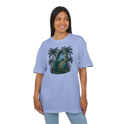 Retro T-Shirt mit Kopfhörer & Palmen (Brustprint)– Musik & Beach Vibes im Vintage Look