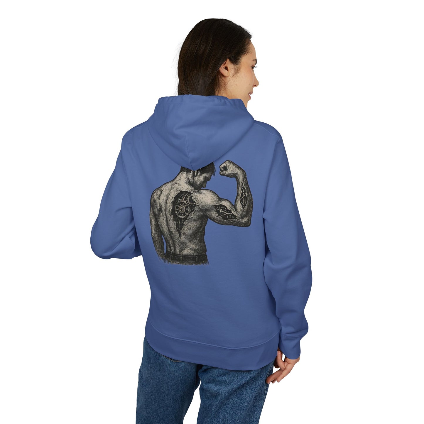 Biomechanik Hoodie Unisex (Rückenprint) – Muskel-Cyborg Design mit Zahnrädern & Maschinenstruktur | Futuristischer Techwear Kapuzenpullover für Sci-Fi & Fitness Fans