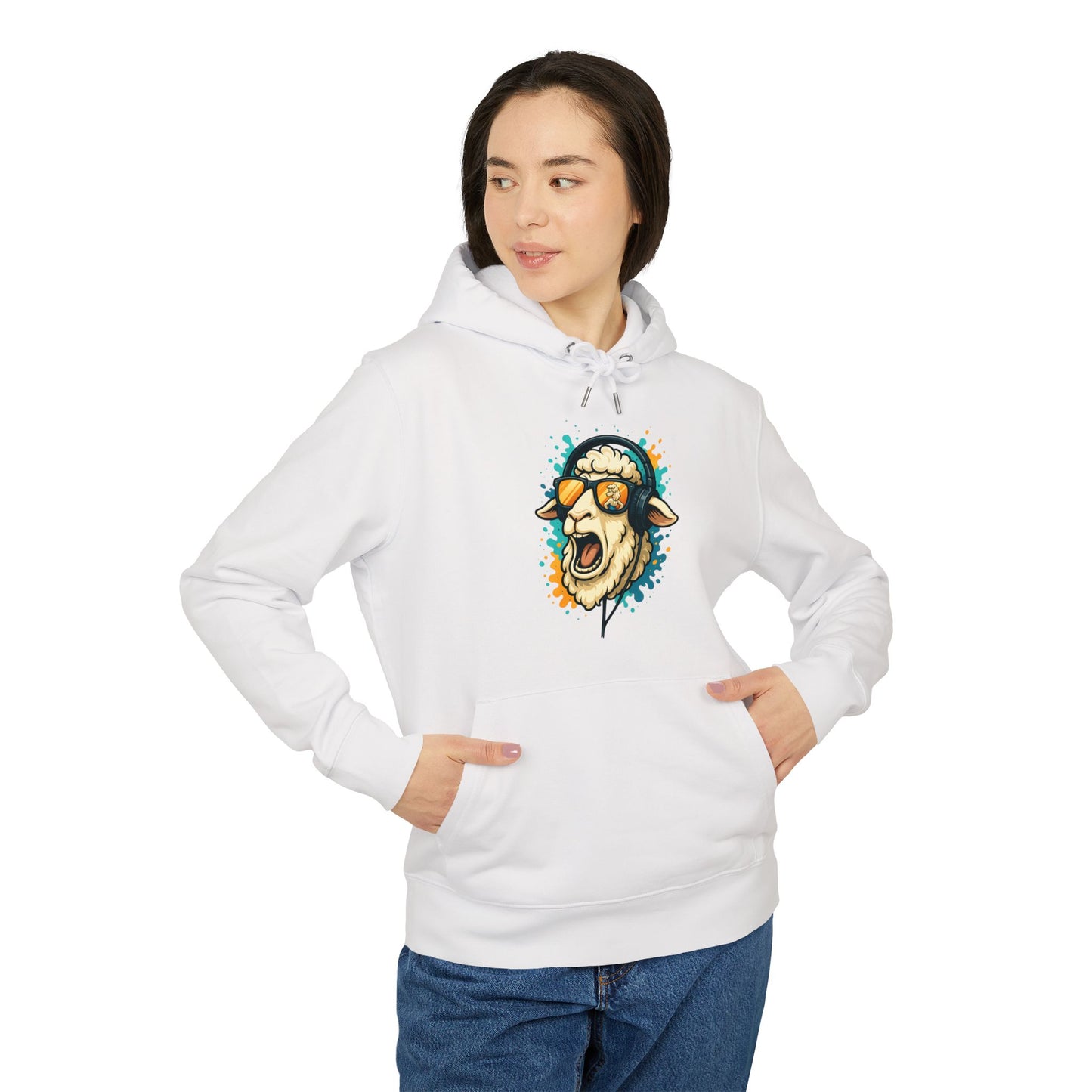 Lustiger Schaf Hoodie (Brustprint) – Unisex Kapuzenpullover mit Kopfhörer & Sonnenbrille – Musik Cartoon Streetwear für Tierfreunde
