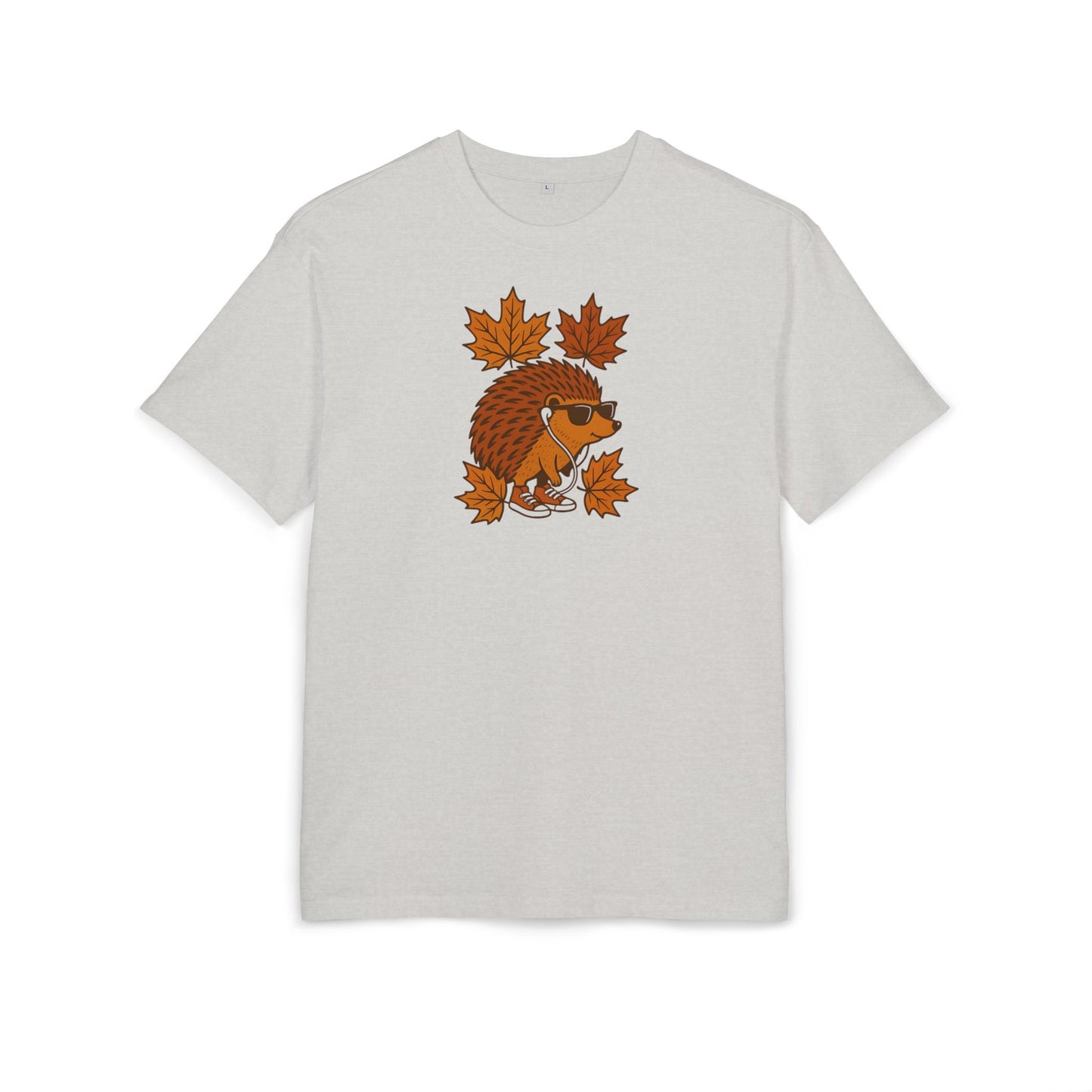 Herbst Igel T-Shirt (Brustprint) – Lustiges Cartoon Design mit Sonnenbrille, Kopfhörern & Ahornblättern