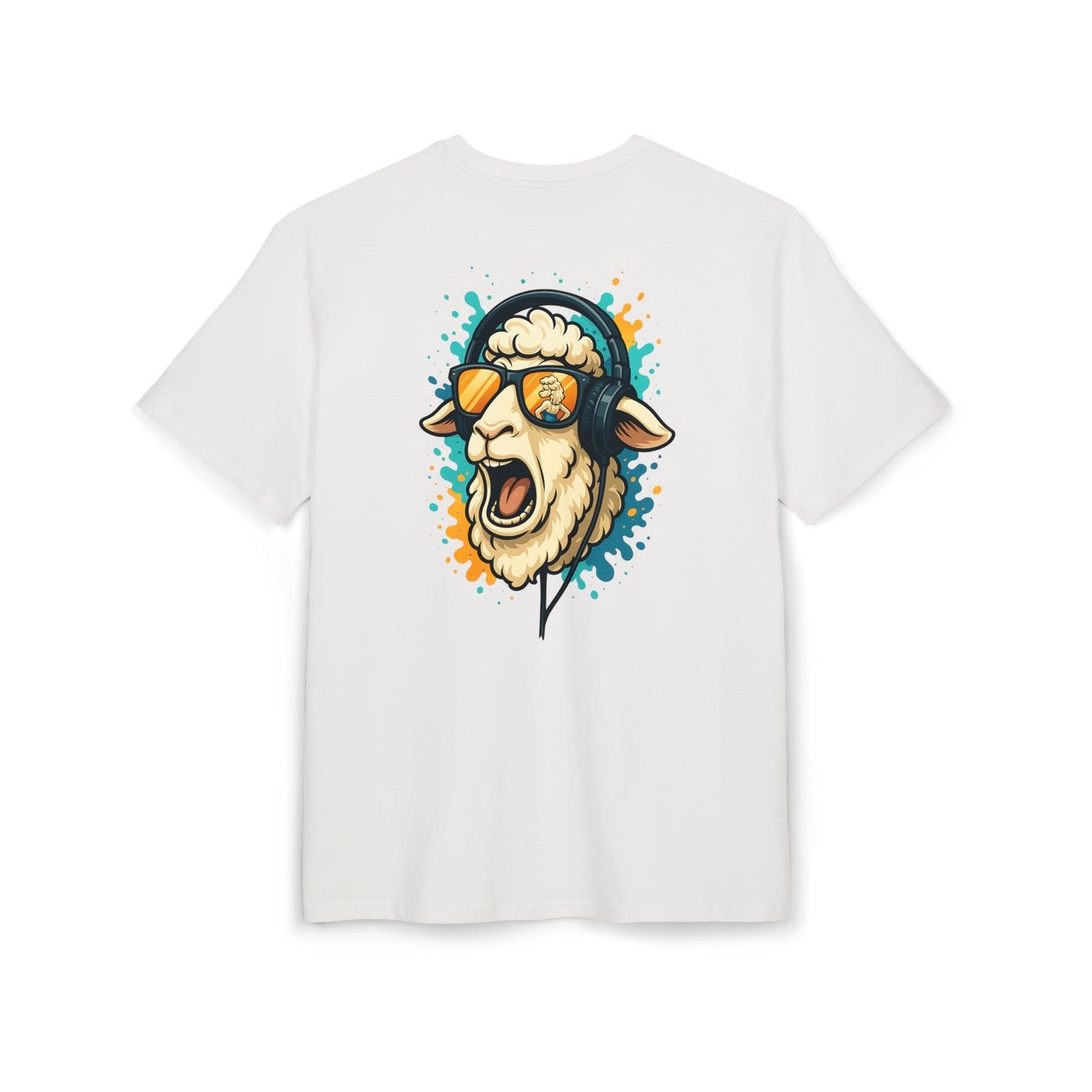 Lustiges Schaf T-Shirt (Rückenprint) – Cooles Cartoon-Motiv mit Kopfhörer & Sonnenbrille – Unisex Shirt für Musikfans & Tierliebhaber