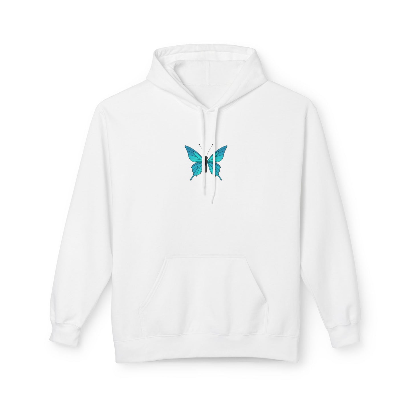 Blauer Schmetterling Hoodie Unisex (Brustprint) – Leuchtendes Butterfly Design | Nachhaltiger Kapuzenpullover aus Baumwolle