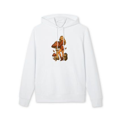 Vintage Pilz Fee & Igel Hoodie (Brustprint) – Retro Waldmotiv Kapuzenpullover für Natur- & Pilzliebhaber