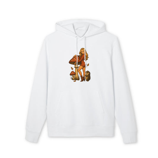 Vintage Pilz Fee & Igel Hoodie (Brustprint) – Retro Waldmotiv Kapuzenpullover für Natur- & Pilzliebhaber