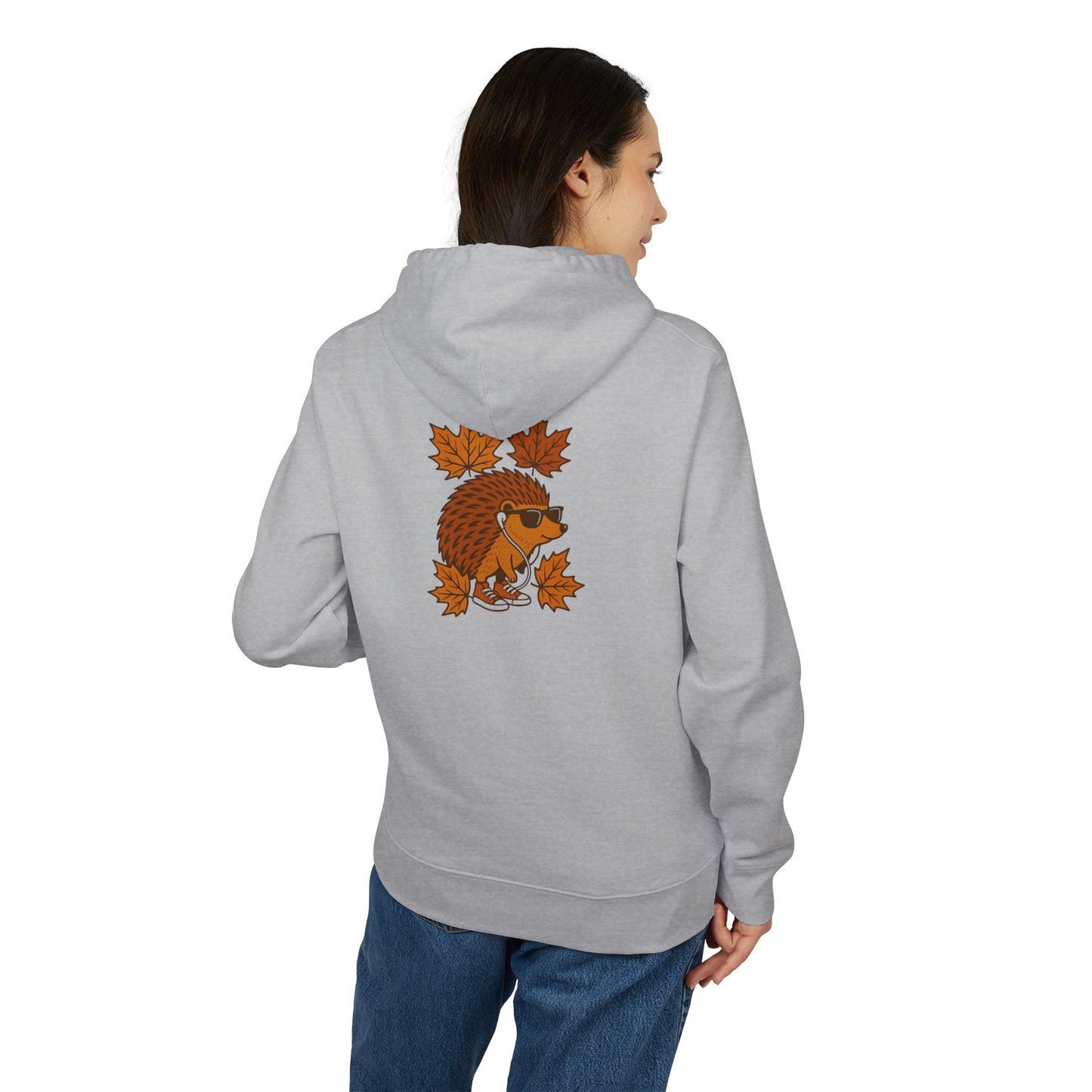 Herbst Igel Hoodie (Rückenprint) – Lustiger Kapuzenpullover mit Cartoon-Design, Sonnenbrille & Ahornblättern
