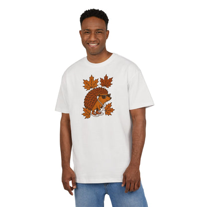 Herbst Igel T-Shirt (Brustprint) – Lustiges Cartoon Design mit Sonnenbrille, Kopfhörern & Ahornblättern