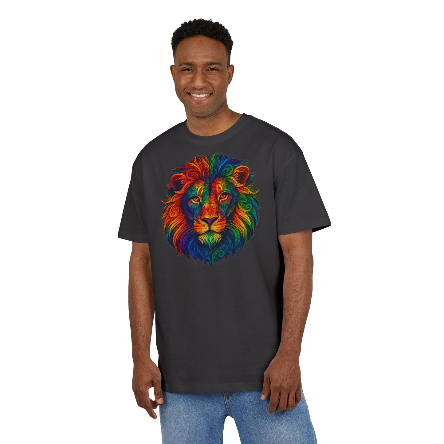 Buntes Löwen T-Shirt (Brustprint) – Psychedelisches Tiermotiv im Boho-Stil – Unisex Oversize Shirt für Kunst-, Natur- & Festival-Fans