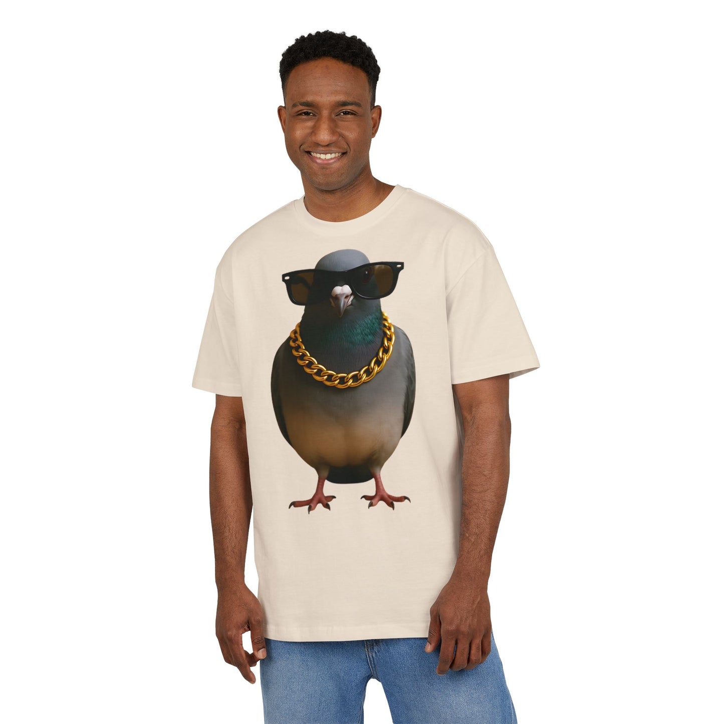 Streetstyle Taube T-Shirt (Brustprint) – Cooles Pigeon Design mit Sonnenbrille & Goldkette für Urban Vibes