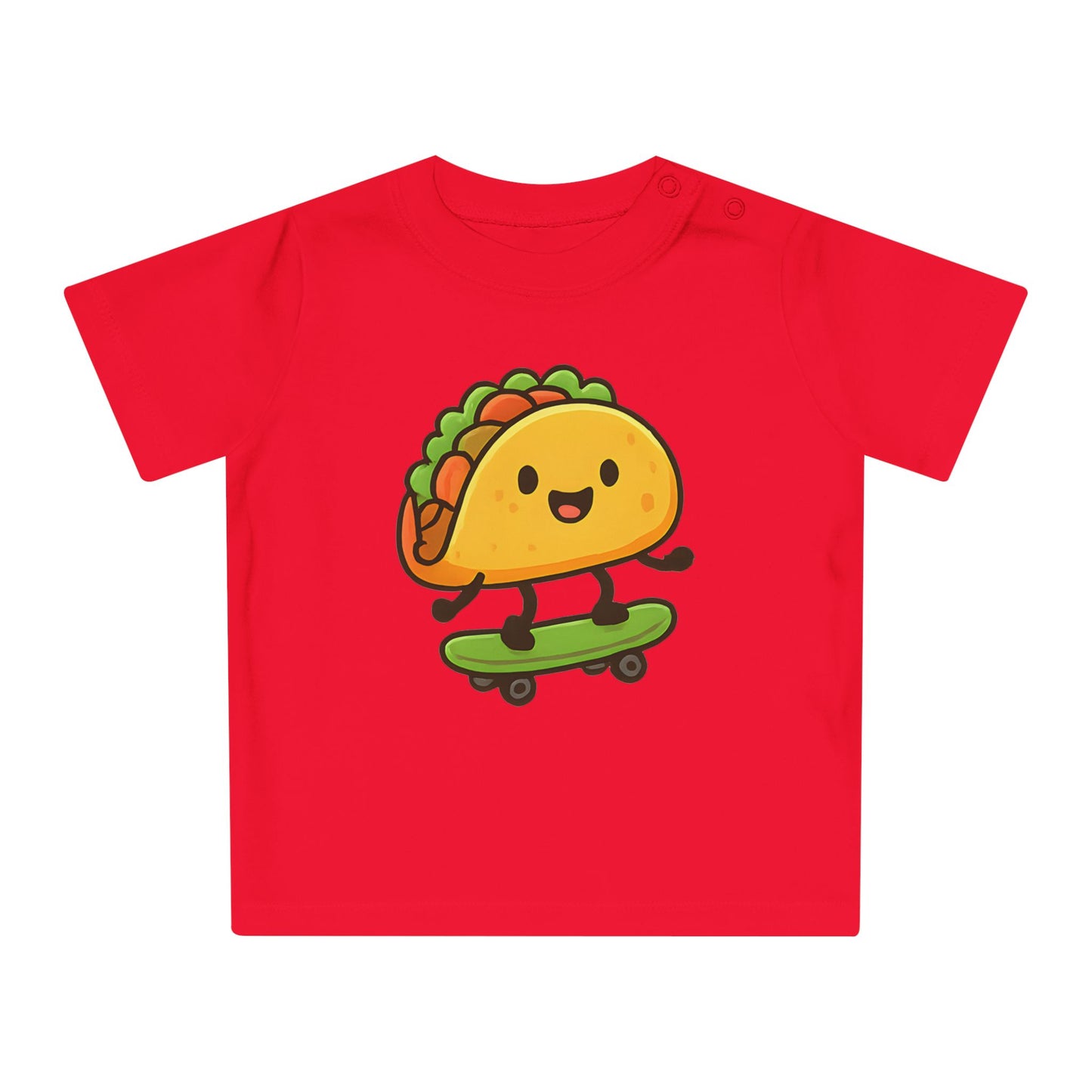 Baby T-Shirt „Taco Skater“ – Lustiges Taco-Motiv auf Skateboard, Bio-Baumwolle, nachhaltige Babybekleidung für kleine Trendsetter