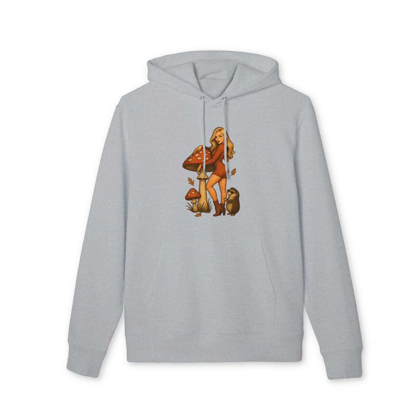 Vintage Pilz Fee & Igel Hoodie (Brustprint) – Retro Waldmotiv Kapuzenpullover für Natur- & Pilzliebhaber