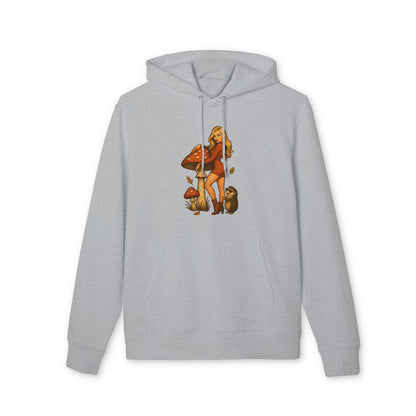 Vintage Pilz Fee & Igel Hoodie (Brustprint) – Retro Waldmotiv Kapuzenpullover für Natur- & Pilzliebhaber
